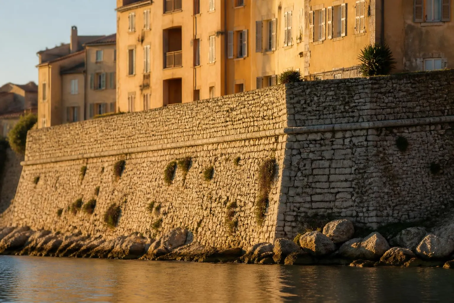 Façades ocre et volets bois du front de mer du vieil Antibes, remparts de pierre au premier plan et mer plate au fond