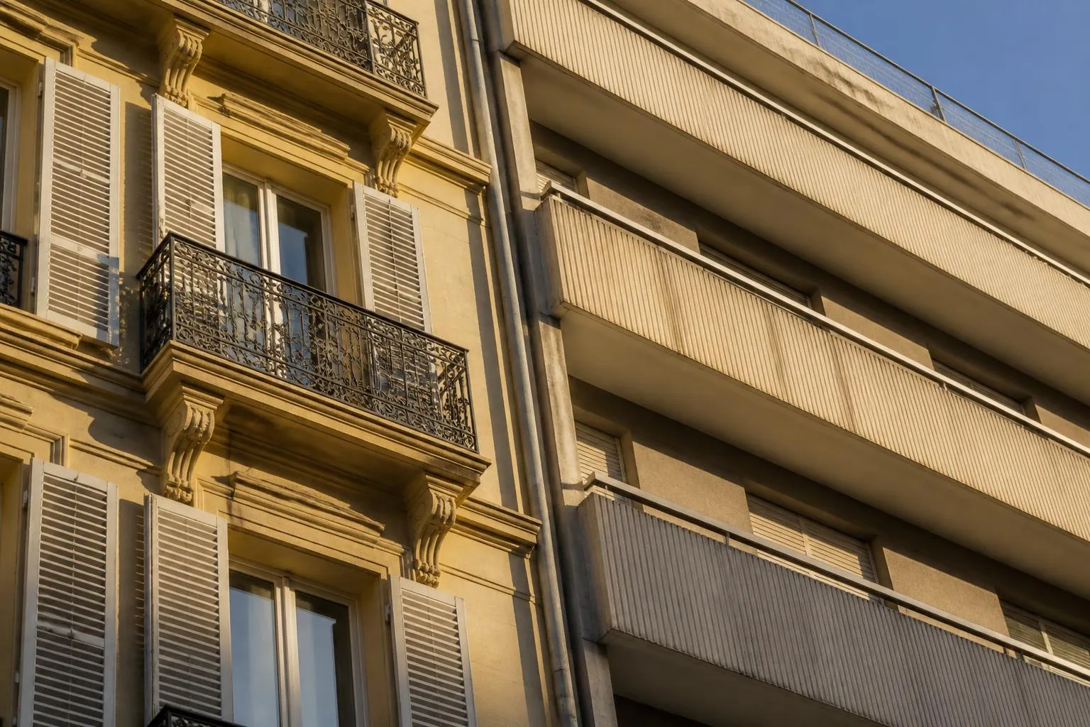 Façade d'immeuble niçois ancien à volets bois et balcon en fer forgé, jouxtant une résidence en béton des années 1960